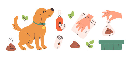 Clean up after your dog concept. Pet care, environmental awareness waste disposal. Vector illustration in flat style