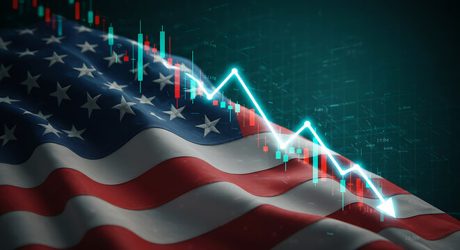 American flag waves as a bearish stock market graph descends, symbolizing economic downturn and financial crisis in the USA.