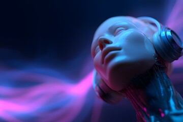 Artificial Luminescence: A stylized, futuristic visage enveloped in an atmospheric haze of glowing neon colors, embodying an evocative concept of auditory connection and technological grace.