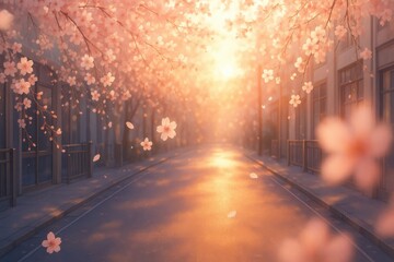 桜並木の通り、舞い散る花びらと春の光