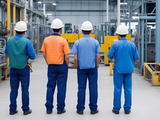 Four factory workers stand in a row, their bright safety vests a vibrant contrast against the industrial grey, awaiting instructions with quiet determination.