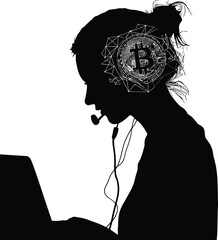 Bitcoin cryptocurrency analyst woman silhouette with laptop and headset for trading and finance news