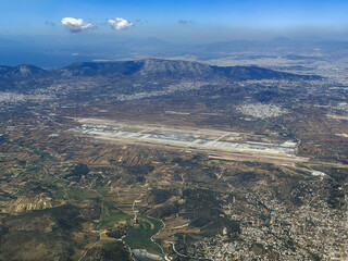 Athens, Greece airport. Aerial view out of airplane window.
