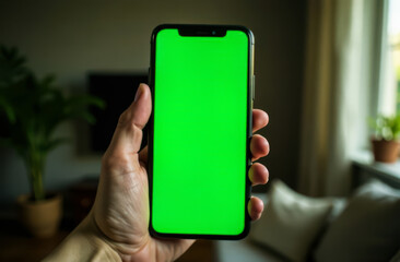 Man's hands holding smartphone with green screen in vertical position on blurred background of living room with sofa.