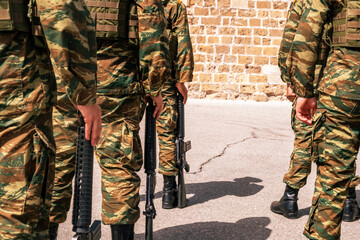 Soldiers wearing camouflage pattern uniforms standing, carrying rifles, rear view