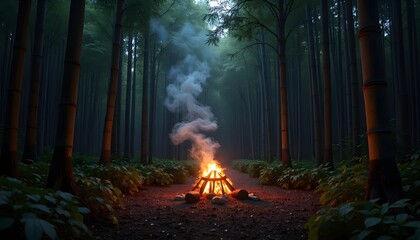 Campfire Burning in Dense Forest with Tall Trees and Misty Atmosphere