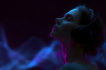 Musical Reverie: A captivating portrait of a woman lost in the world of music, her eyes closed in blissful serenity as she wears headphones, the ambiance enhanced by a soothing purple and blue glow.