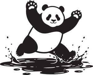 Panda splashing in puddle playful design, Cute panda water play flat illustration