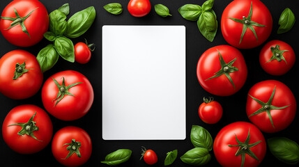  Fresh tomato and basil border with blank white card on dark textured background. Copy space