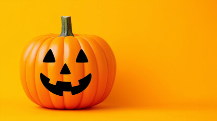 Classic halloween jack-o’-lantern with smiling face on bright orange background. Copy space