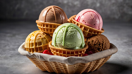 Assorted Ice Cream Scoops in Waffle Cones &ndash; Chocolate, Strawberry, Mint, Pistachio Flavors in 8K with Studio Lighting HD image
