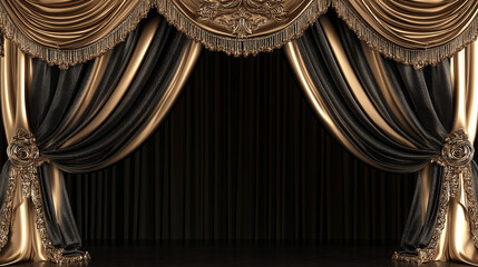 Luxurious theater stage with ornate golden and black curtains in classic vintage elegance