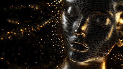 Abstract digital face with golden wireframe mesh and glowing particles evoking futuristic elegance and serenity