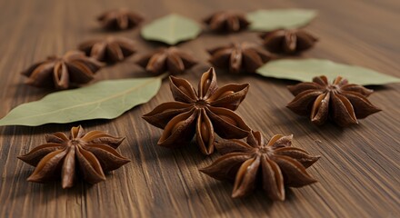Star anise and bay leaves on a wooden surface - Culinary Spices