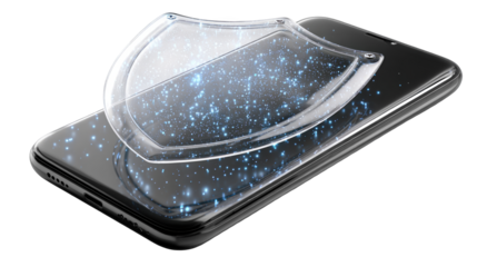 Transparent shield hovering above smartphone, symbolizing data protection and cybersecurity, with glowing particles and transparent background
