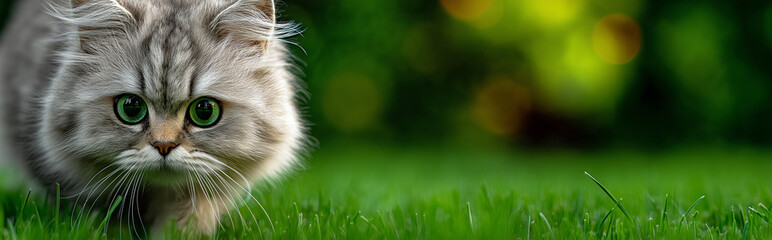 Fluffy grey kitten with striking green eyes stalking playfully through lush grass in garden. Banner or header