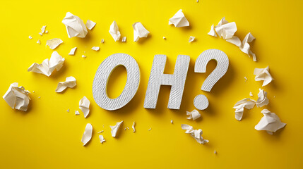 Surprised reaction concept with bold textured “OH?” text and scattered crumpled paper on bright yellow background