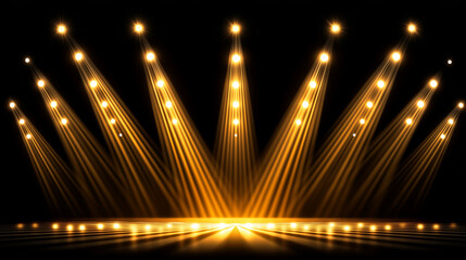 Radiant golden stage lights beaming in symmetrical fan pattern creating dramatic spotlight showcase