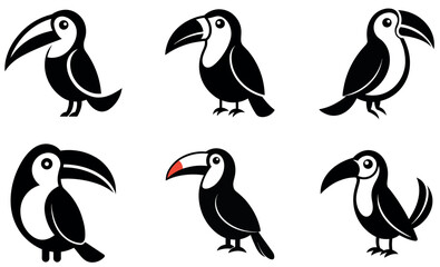 Six Cute Black and White Toucan Silhouettes