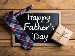 Happy father's day gift ideas tie and present on wood background celebration