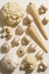Whole cauliflower, garlic, parsnip and white button mushrooms arranged on neutral background. Studio food monochrome white photography. Healthy eating and vegetarian cooking concept. 