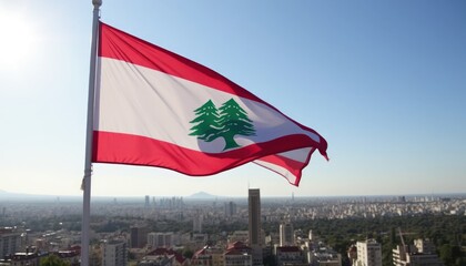 Lebanese flag waving proudly in the breeze over urban cityscape view