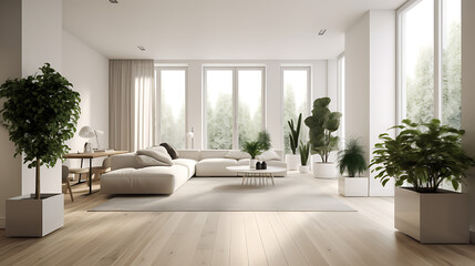 Fototapeta premium Bright Open Living Room with Neutral Palette and Greenery