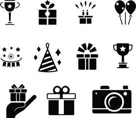 Birthday Celebration Icons Set Party, Cake, Gift, Hat, Balloon Vector Graphics design. Birthday icon design