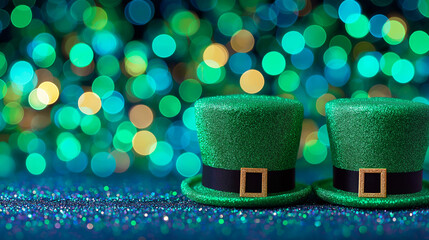 Sparkling green leprechaun hats with gold buckles on glitter surface against festive bokeh lights