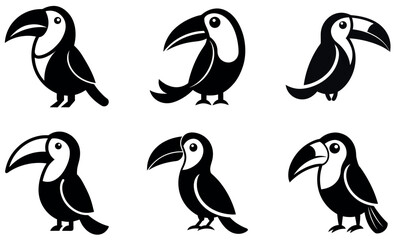 Six Cute Black and White Toucan Silhouettes