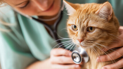Caring veterinarian examining orange cat with stethoscope during routine health checkup in clinic