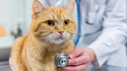 Ginger cat being examined by veterinarian with stethoscope during routine checkup in animal clinic