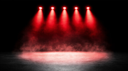Empty stage with dramatic red spotlights and smoky atmosphere in dark theatrical setting