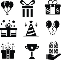 Birthday Celebration Icons Set Party, Cake, Gift, Hat, Balloon Vector Graphics design. Birthday icon design