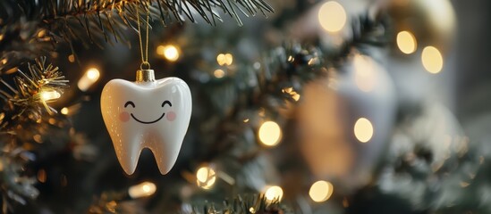 Fun festive Christmas tooth-shaped ornament with smile hanging on tree, close-up