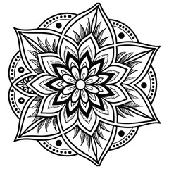Black and white mandala with floral and geometric patterns