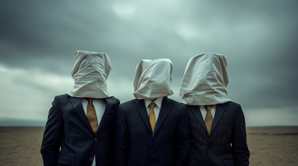 Anonymous figures in suits with covered faces standing under a stormy sky symbolizing conformity and loss of identity