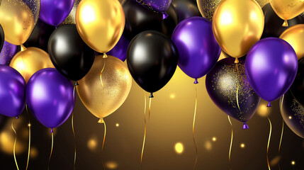 Elegant celebration background with black gold and purple balloons floating on glowing festive backdrop