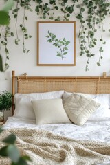 A serene and stylish bedroom with a wooden frame, greenery on the wall, fairy lights, and minimalist artwork.
