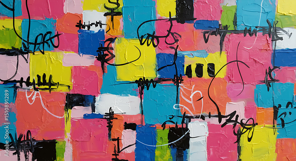 Poster a vibrant abstract artwork showcases a colorful composition of squares and scribbled lines, creating