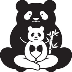 Panda mother and baby with bamboo art, Cute panda family illustration together