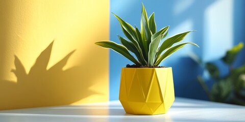 Yellow ceramic pot with green plant inside sitting on a white surface. The sun creates shadows and adds a warm ambiance to the room.