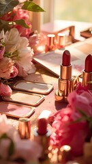 Cosmetic display featuring lipsticks and flowers in a bright, elegant setting