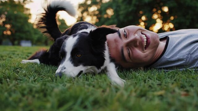 Border collie playing with owner in park at sunset
