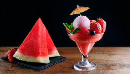 Vibrant watermelon and strawberry dessert on a wooden surface, set against dark background. Clear stemmed glass holds a frozen drink, of daiquiri or slushy, topped with a scoop of sorbet or ice cream