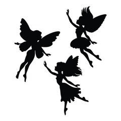 Three Fairy Silhouettes Flying with Wings in Different Poses on White Background