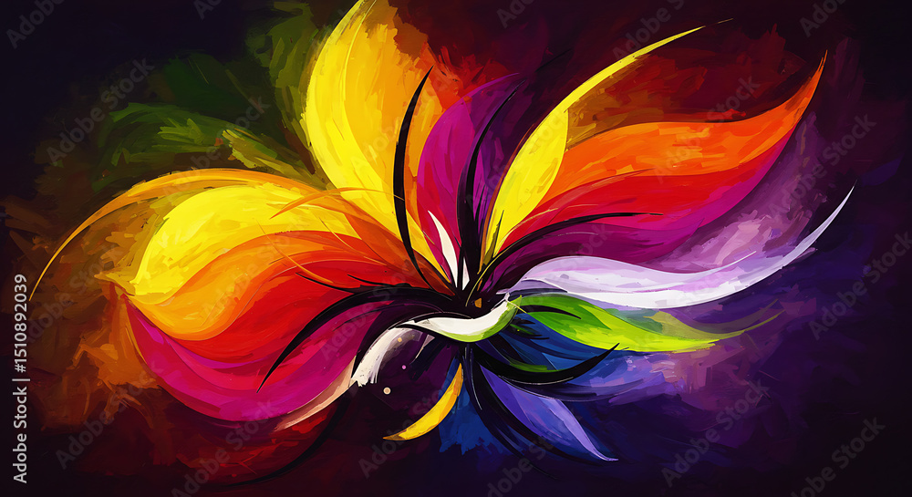 Poster an abstract digital painting shows a vibrant array of colorful petals radiating from a central point