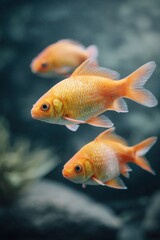 Naklejka premium Three vibrant goldfish swimming gracefully in a serene underwater environment, showcasing their bright orange scales and fluid movements in a tranquil aquatic setting