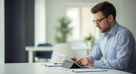 Obraz premium A man working with a tablet in a modern office environment.
