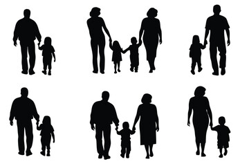 Family Silhouettes Parents and Children Walking Together Holding Hands Demonstrating Love and Support